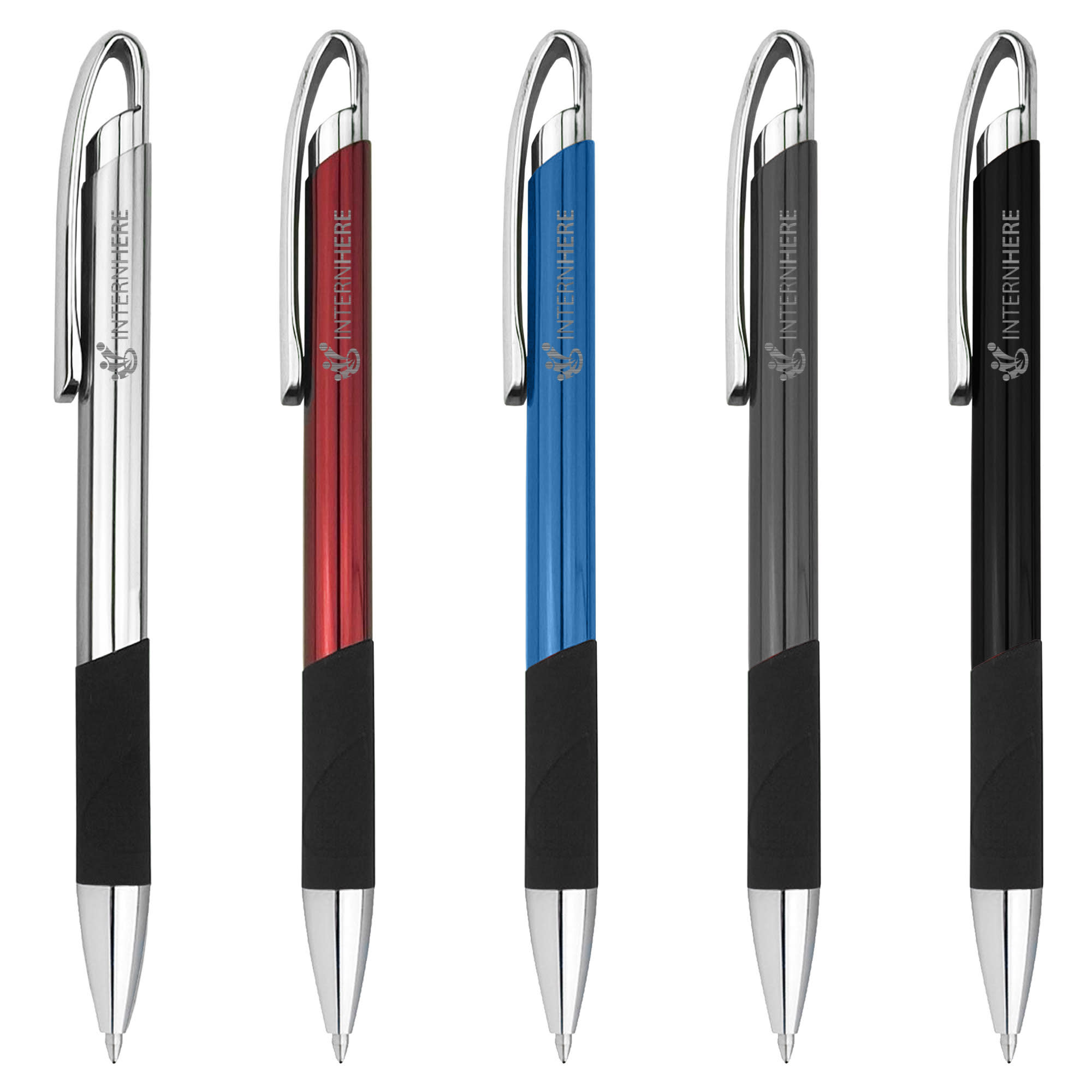 A set of five metal pens in red, blue, silver, and black with rubber grips and a logo. America - Image 1