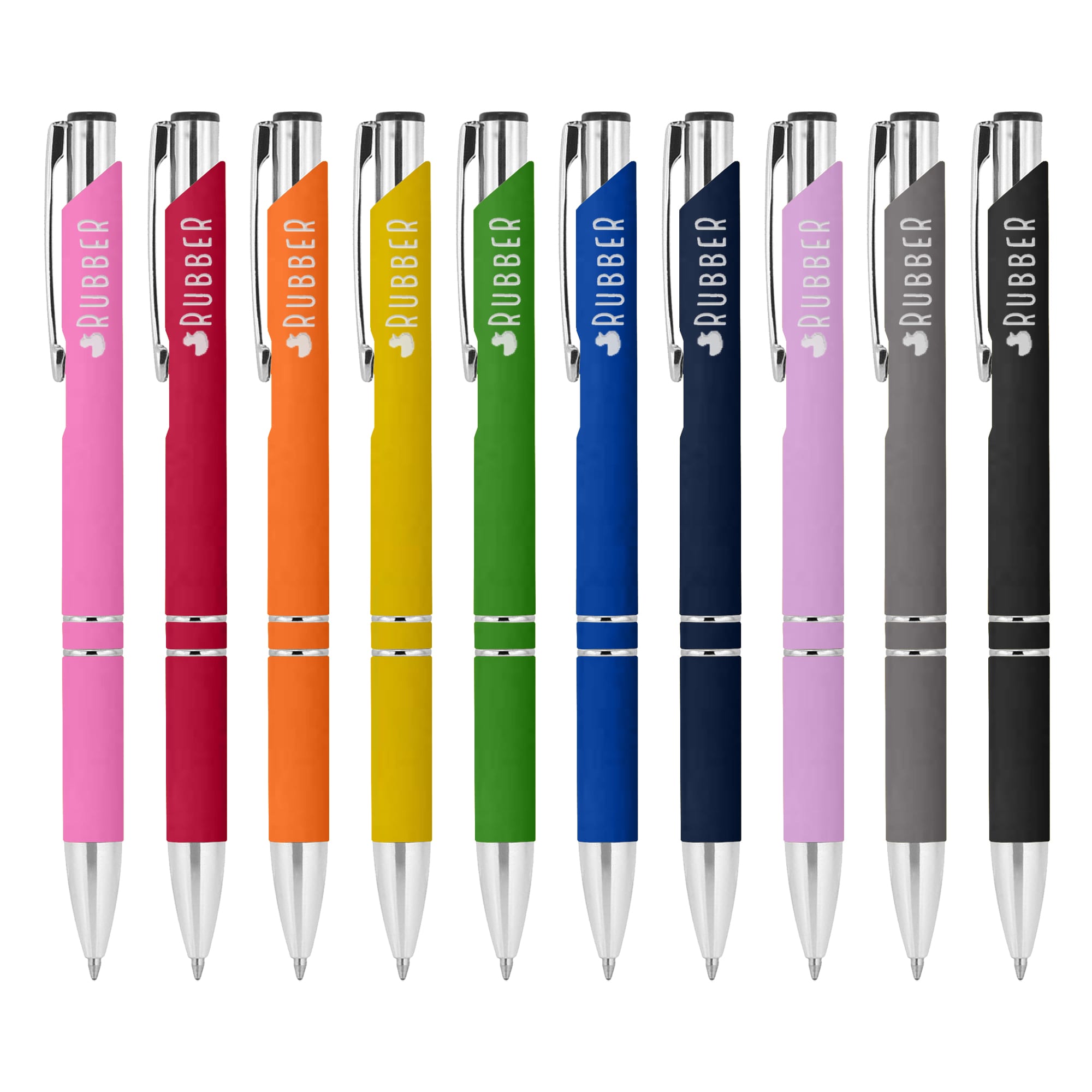 A collection of metal pens in pink, red, orange, green, blue, dark blue, black, and grey, featuring rubberised grips and branding. Euroauz Rubberised - Image 1