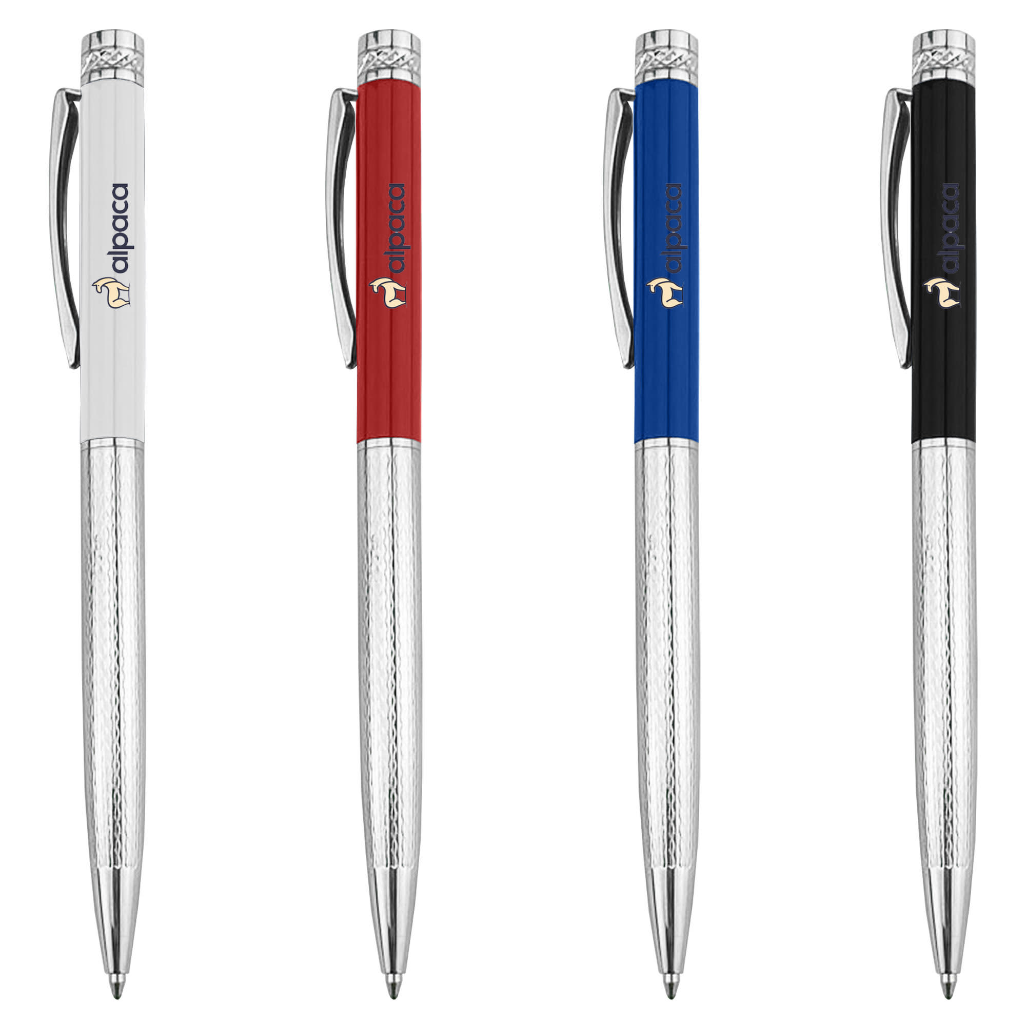 A collection of metal pens in white, red, blue, and black, featuring textured grips and a logo on each. Hanxen - Image 1