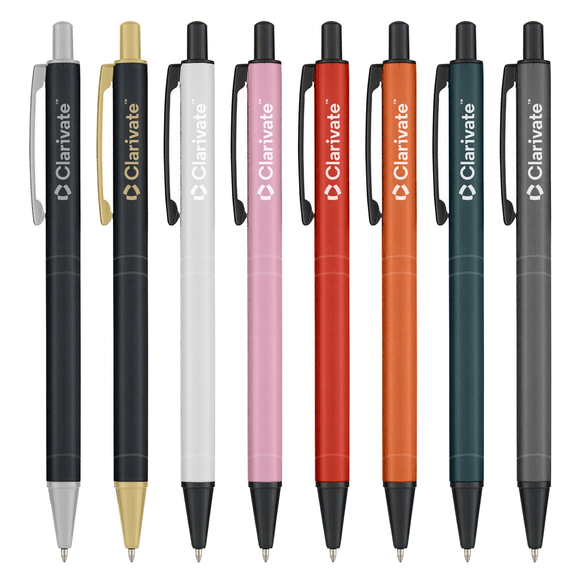 A set of eight metal pens in various colours including gold, white, pink, red, orange, teal, grey, and black, featuring a logo. Lyrics - Image 1