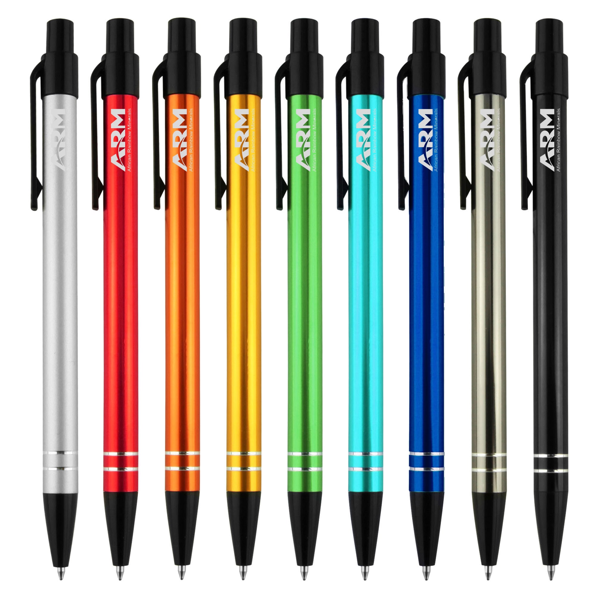 A collection of metal pens in silver, red, orange, green, blue, and gold, featuring a logo on each pen. Accord - Image 1