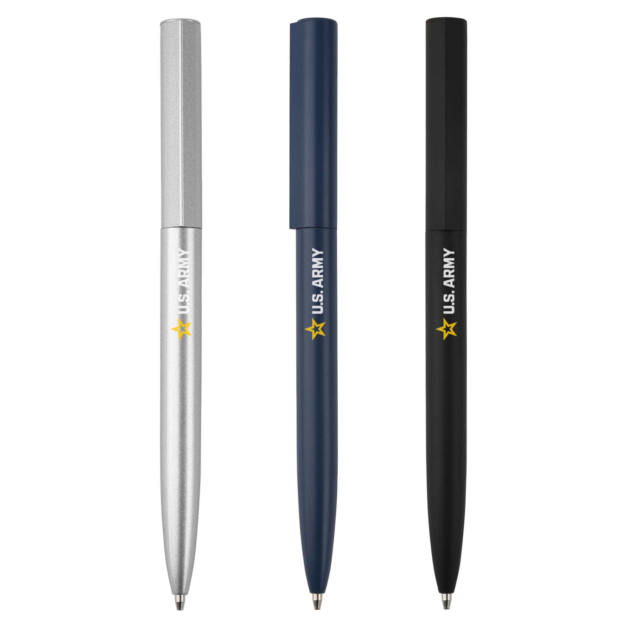 Three metal pens in silver, navy blue, and black, featuring a logo on each pen. Valorias - Image 1