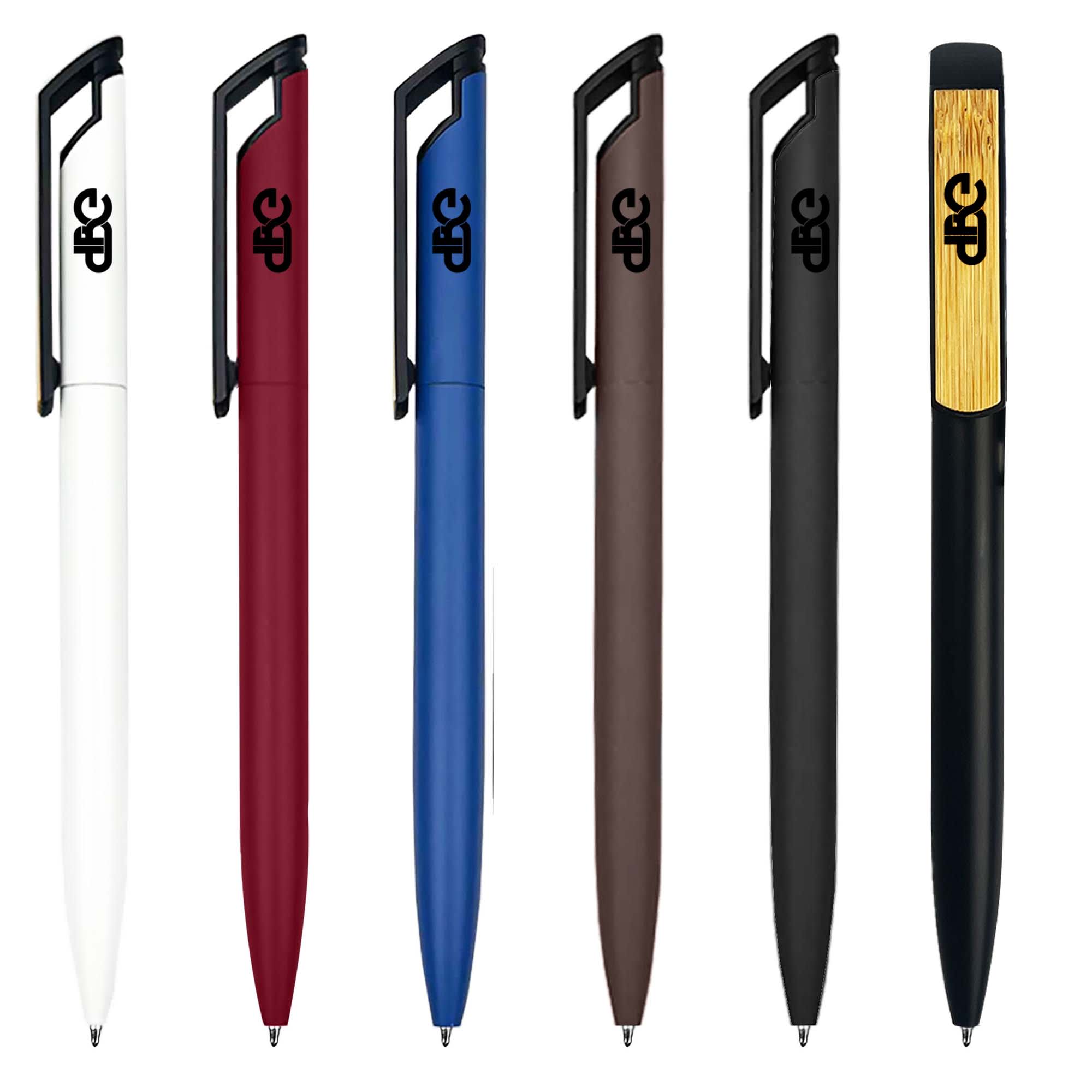 A collection of Canberra metal pens in white, red, blue, brown, black, and bamboo design, featuring a logo on each. Canberra Metal Pen - Image 1