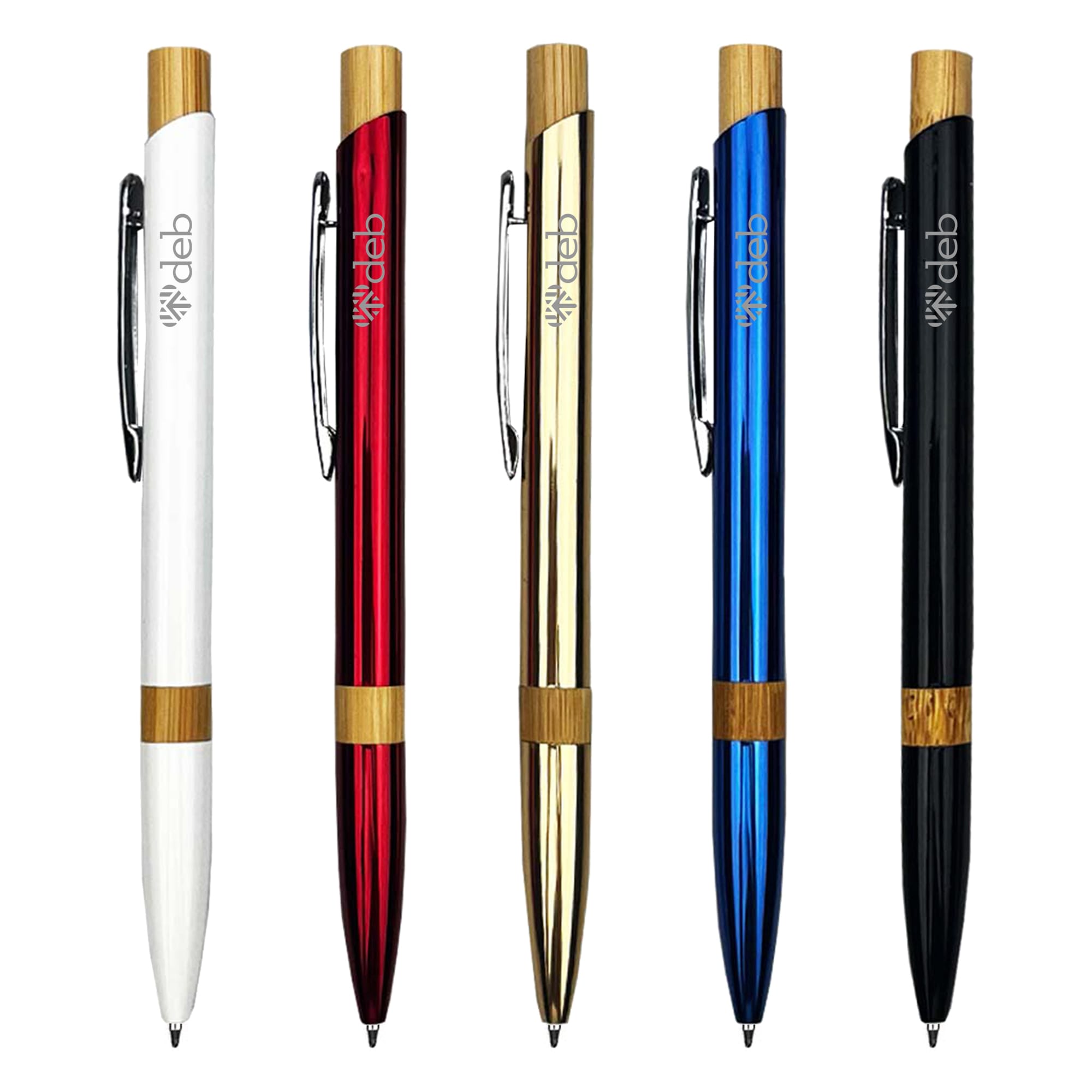 A selection of metal pens in white, red, gold, blue, and black, featuring bamboo accents and a logo. Manchester Metal Pen - Image 1