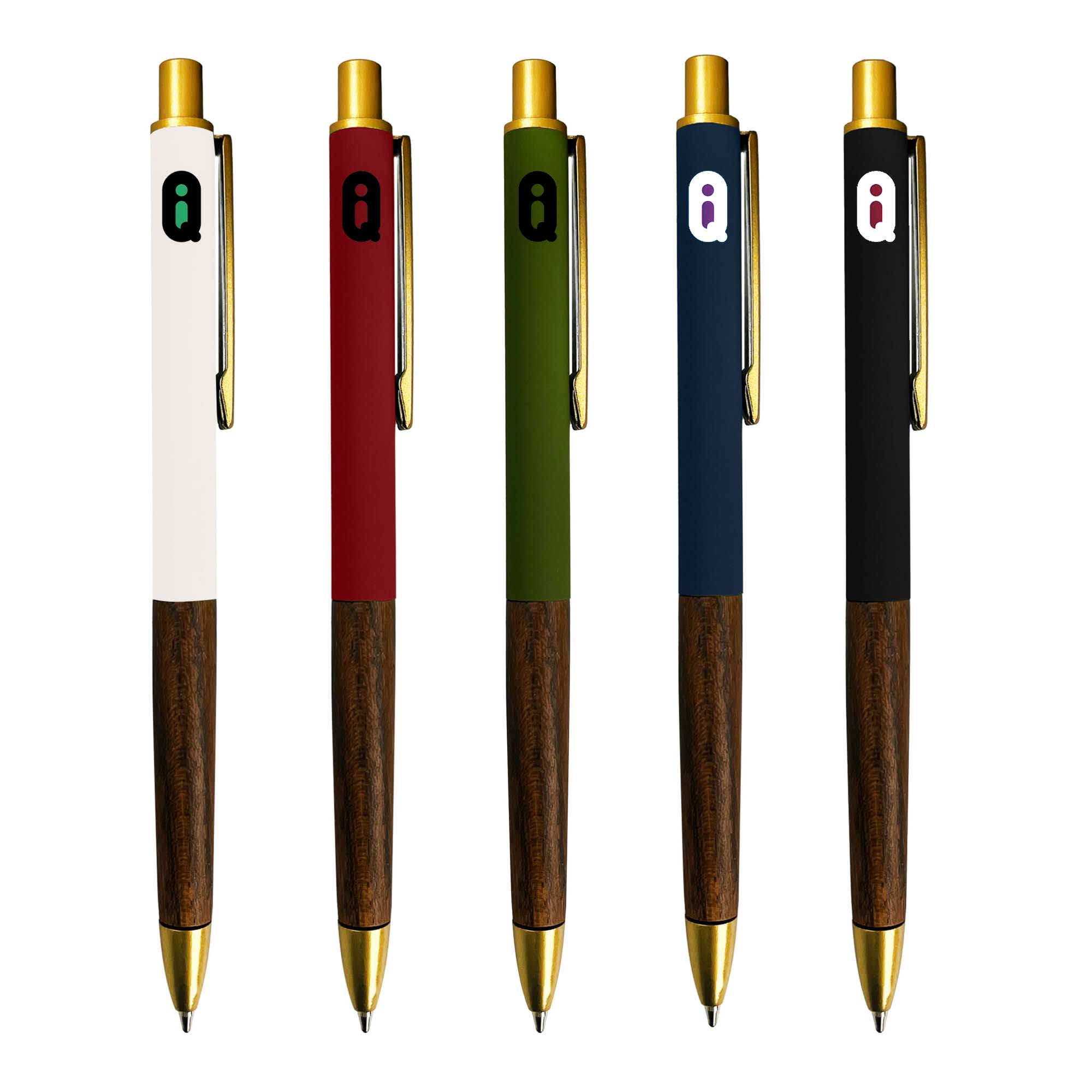 A collection of five Zavier metal pens in white, red, green, navy, and black, featuring wooden accents and a logo. Zavier Metal Pen - Image 1