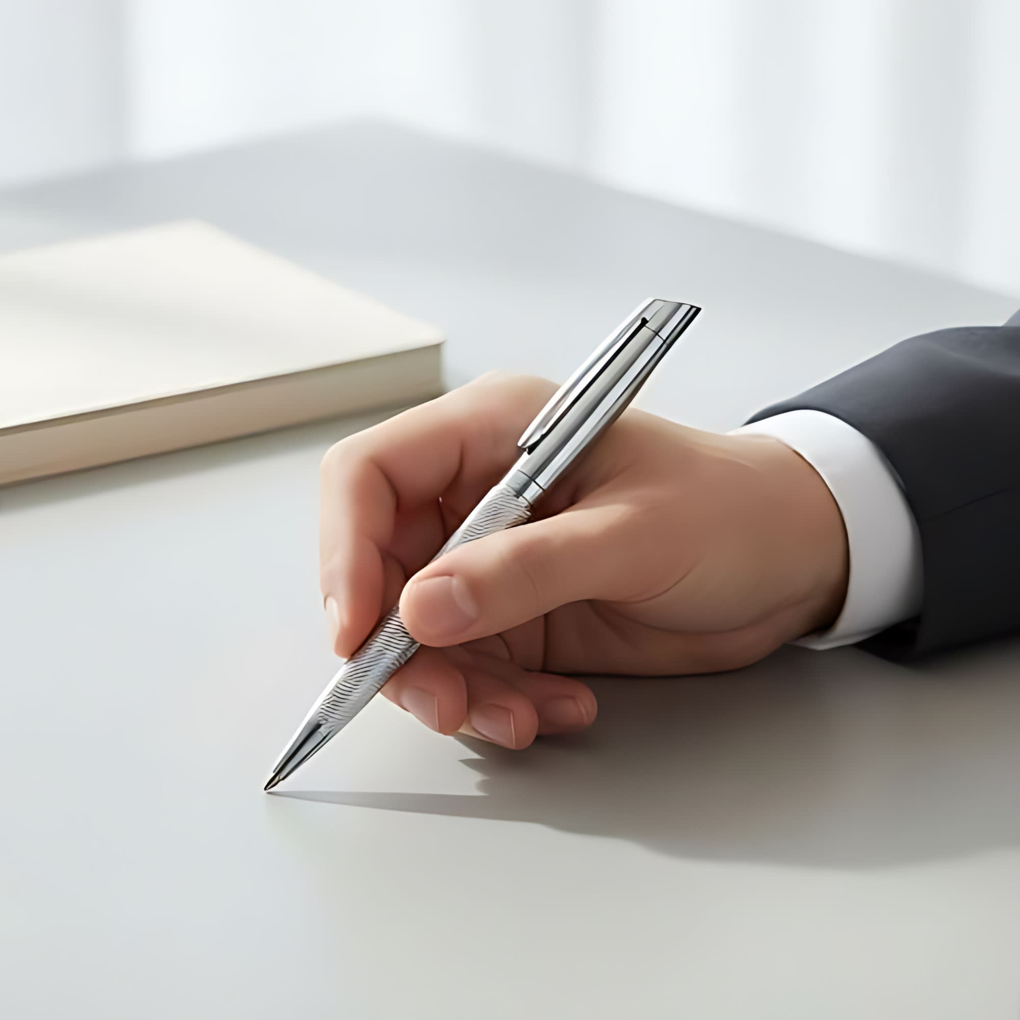 A silver metal pen held in a hand, resting on a grey surface with a book nearby. The pen has a sleek design and a logo. Legacy Metal Pen - Image 1