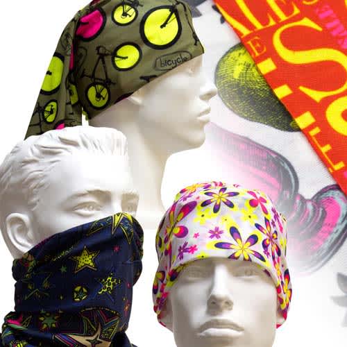 Multi-functional headwear in various colours and patterns, including floral, geometric, and bicycle designs, featuring a logo. Multi Functional Headwear - Image 1