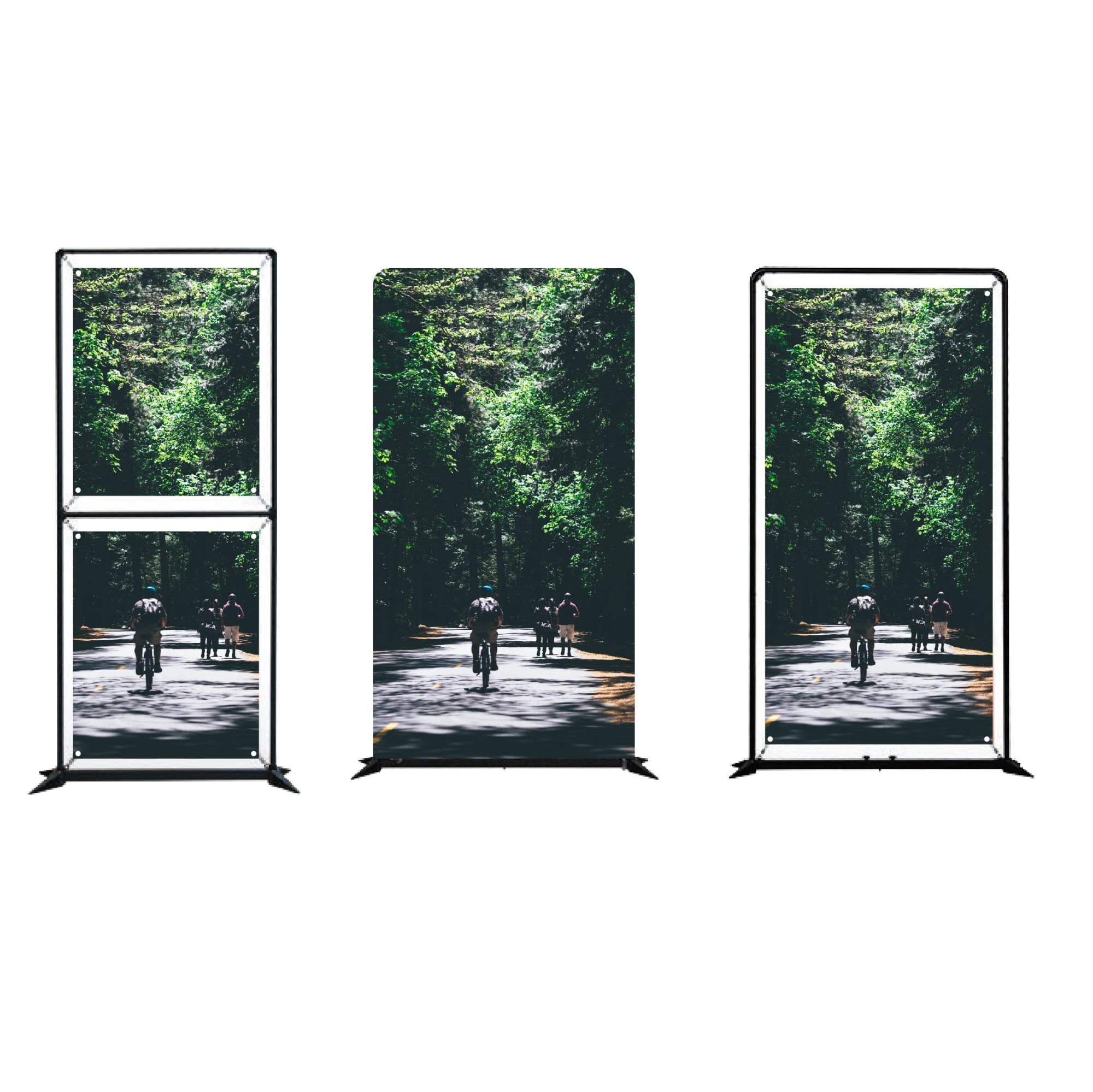 A multi-purpose floor display with a black frame, featuring a vibrant nature scene with cyclists on a forest path. Multi Purpose Floor Display 1000mm x 2300mm Polyester Sleeve - Image 1