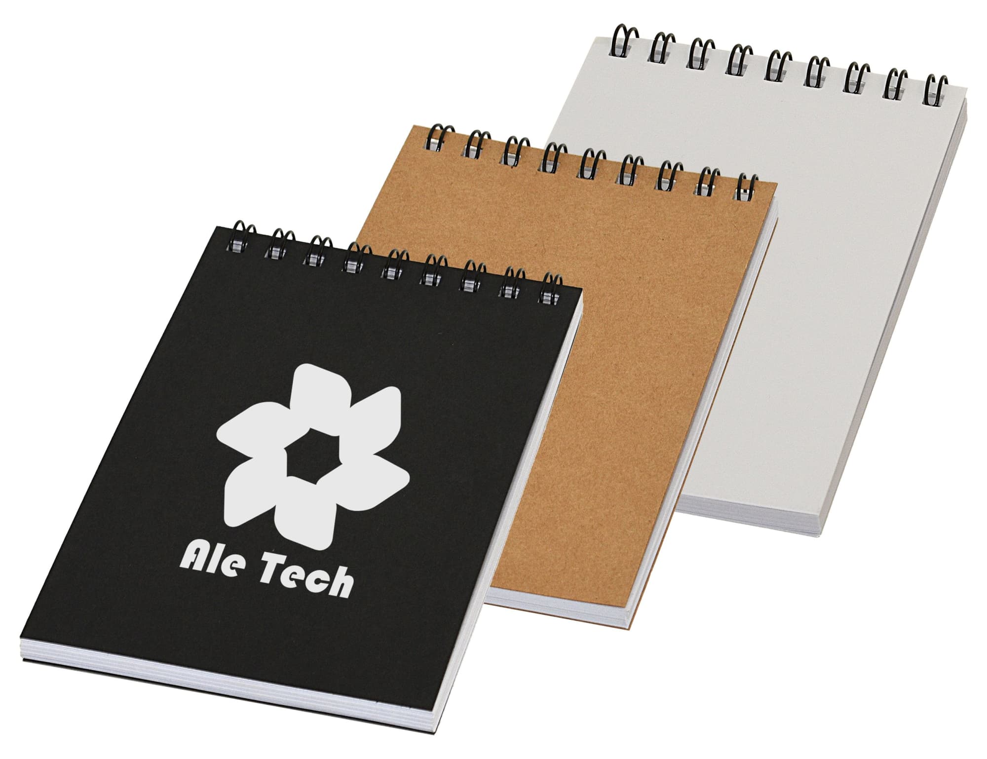 A pocket spiral notebook set featuring black, kraft, and white covers, with a logo on the black notebook. Pocket Spiral Notebook - Image 1