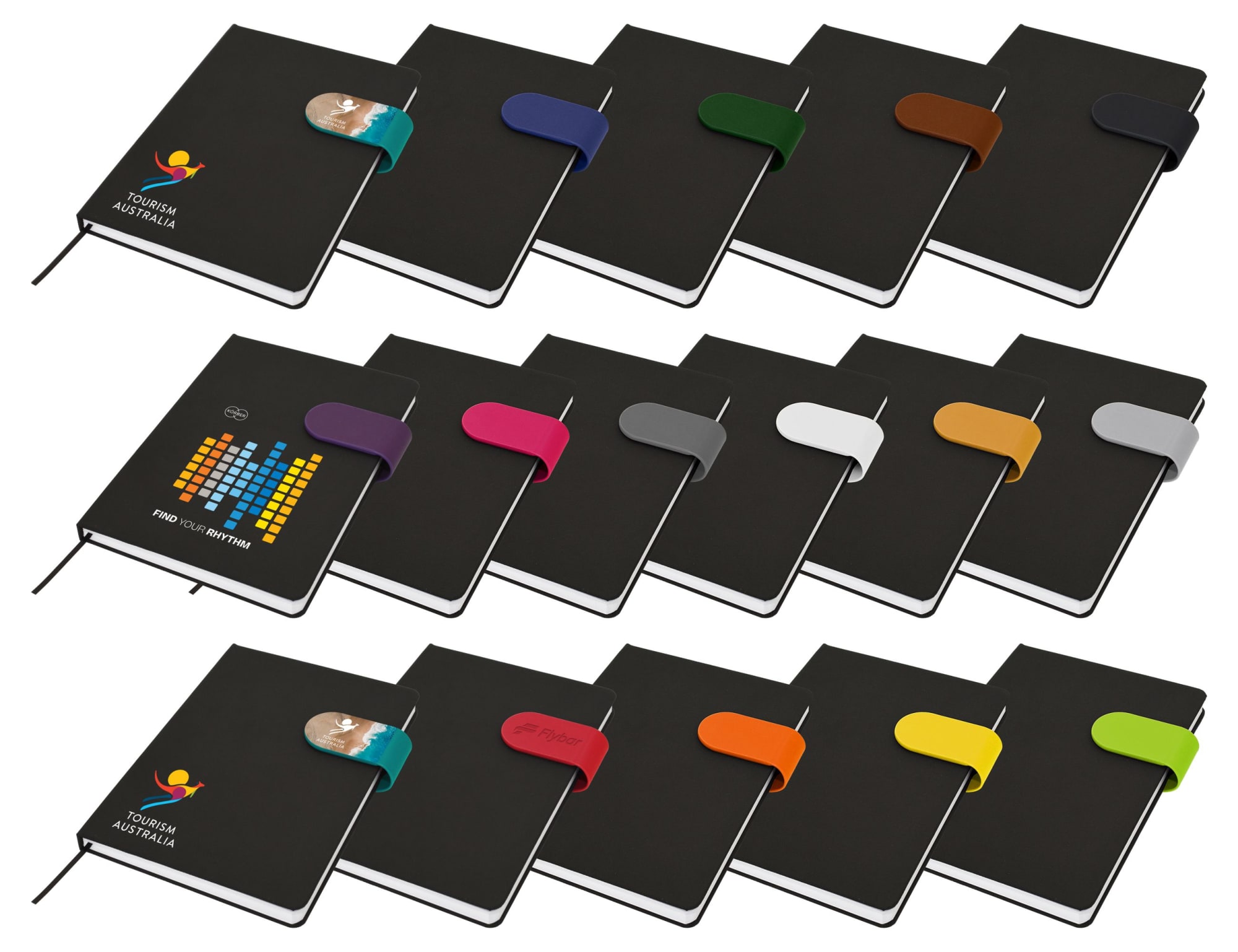 A collection of black A5 notebooks featuring various coloured bands and logos on the covers. Bio Plus rPET A5 Notebook - Image 1