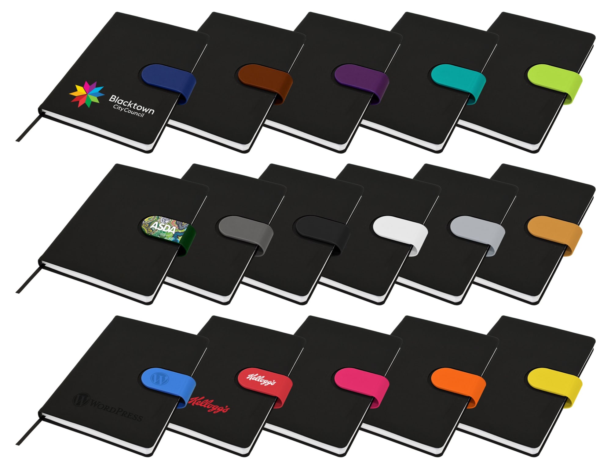 A collection of black Cordoba A5 notebooks with various coloured bands and logos displayed on the covers. Cordoba A5 Notebook - Image 1
