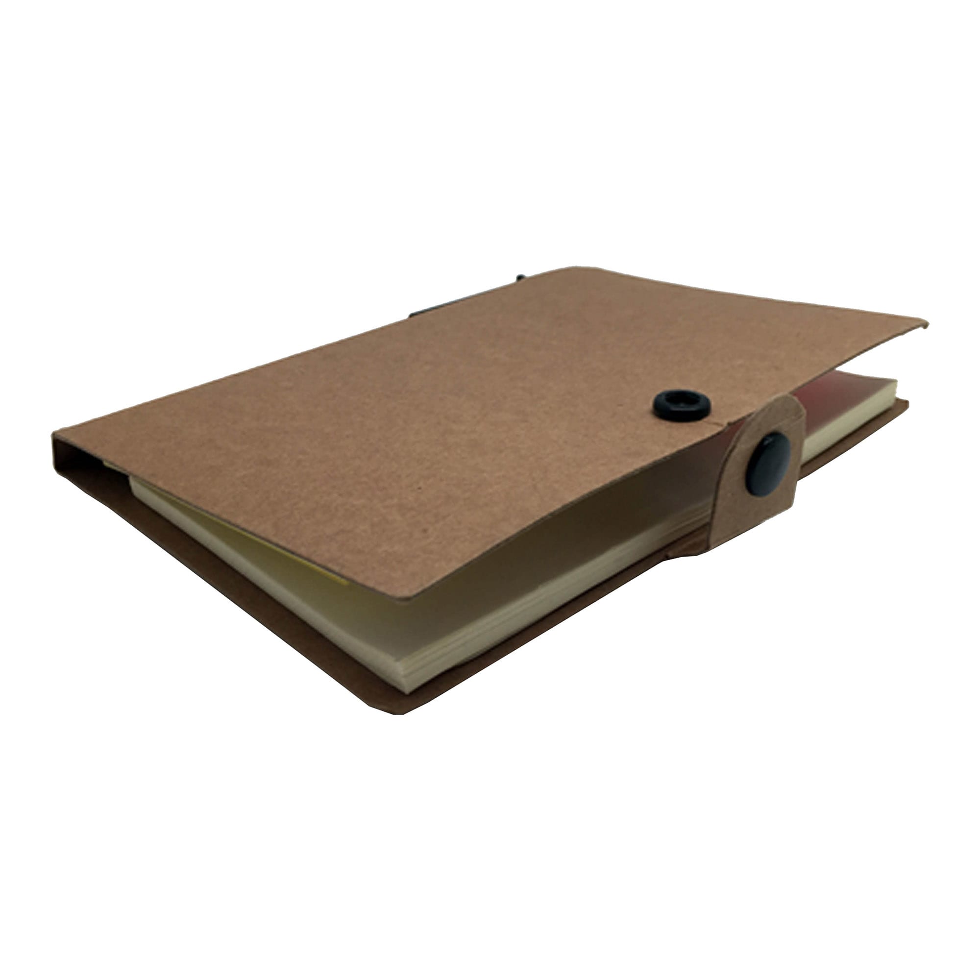 A brown adhesive marker note pad and book with a button closure, featuring a smooth cover and plain pages inside. Adhesive Marker Note Pad and Book - Image 1