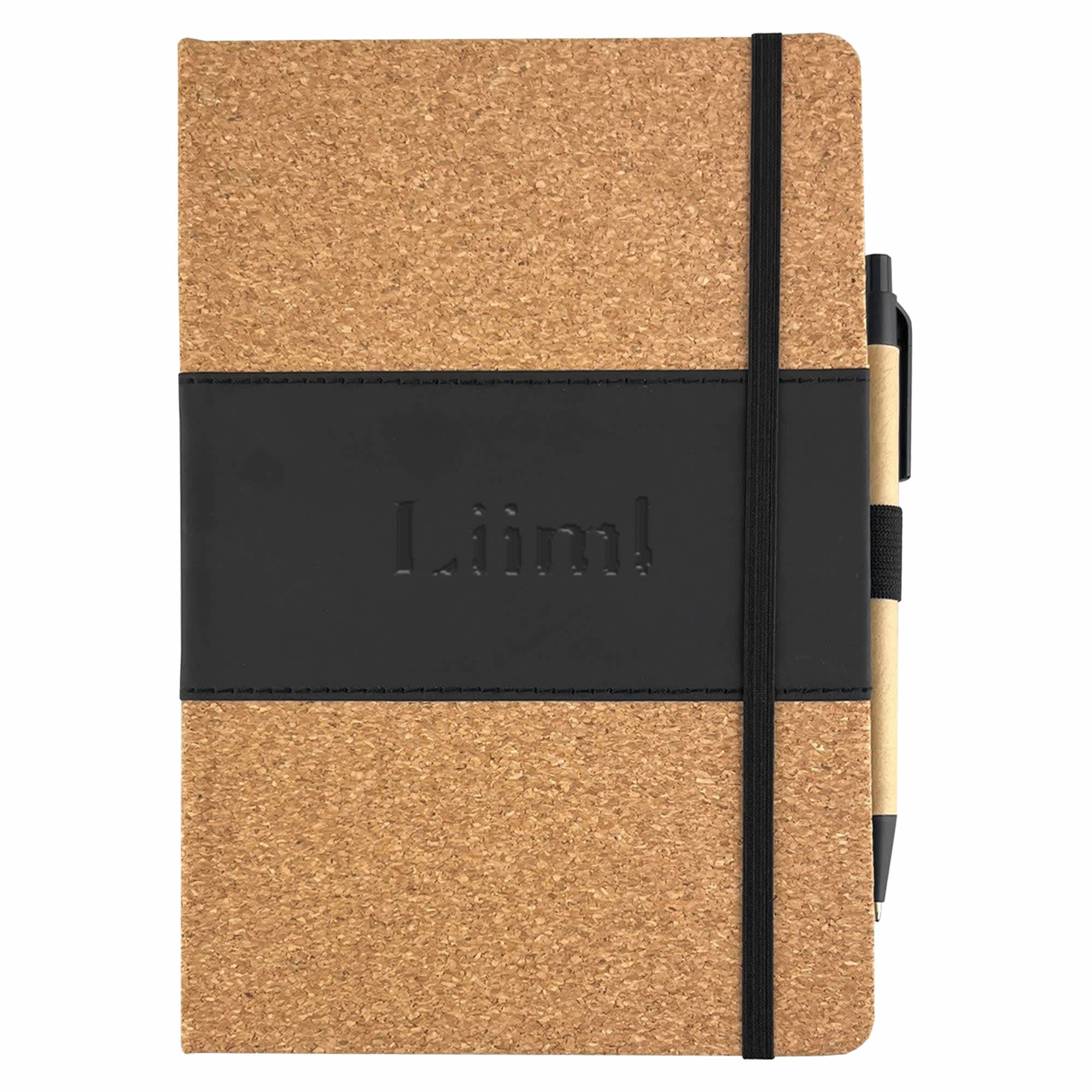 A cork notebook with a black elastic band and a pen attached, featuring a logo on the front. Dickens Notebook With Pen - Image 1