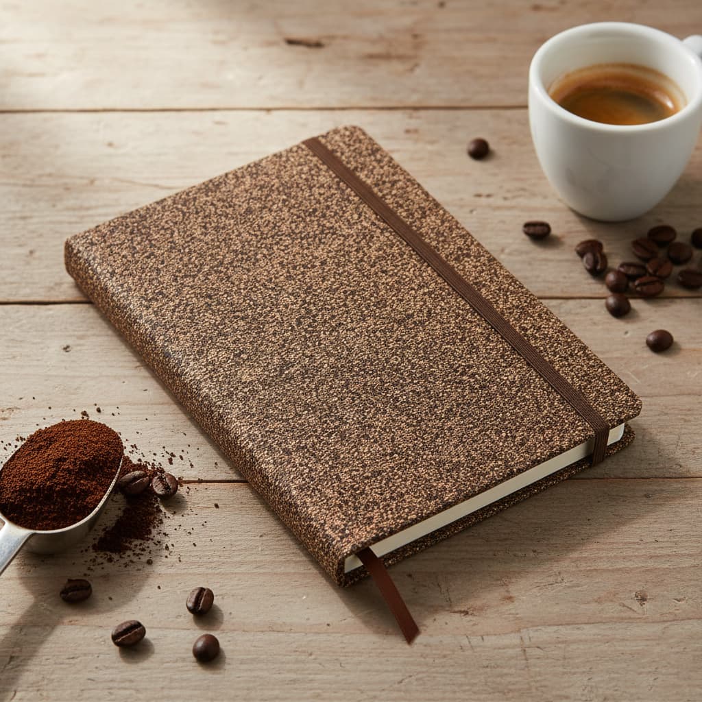 A brown notebook with a cork-like cover, accompanied by coffee beans, ground coffee, and a cup of coffee. Coffee Grounds A5 Notebook - Image 1