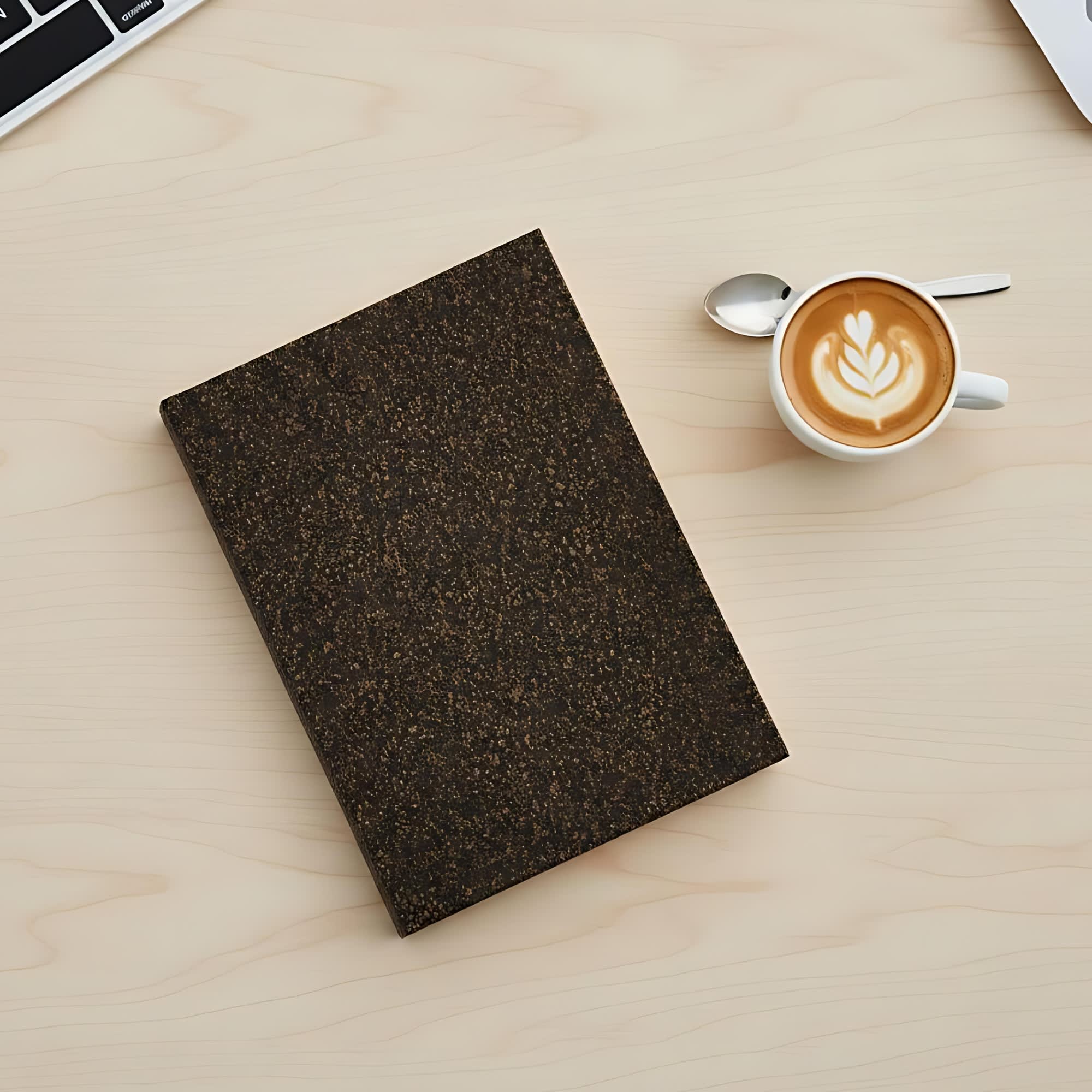 A dark brown notebook with a textured cover rests on a light wooden surface next to a cup of latte art. Coffee Grounds A6 Notebook - Image 1