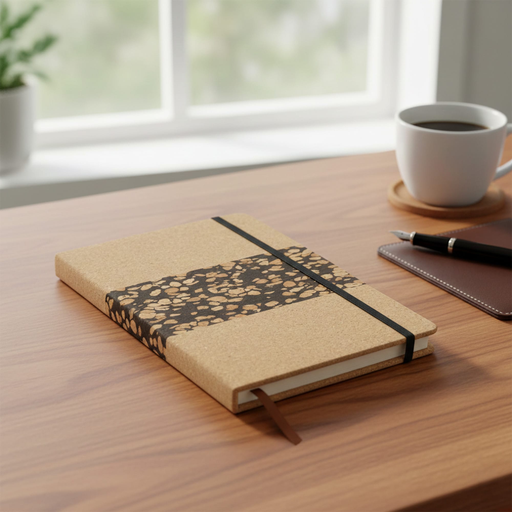A cork notebook featuring a black design, resting on a wooden desk with a coffee cup and pen in the background. Cork and Coffee Grounds Notebook - Image 1