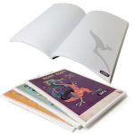 A5 laminated soft cover notebook with a variety of printed designs and lined pages in multiple colours.