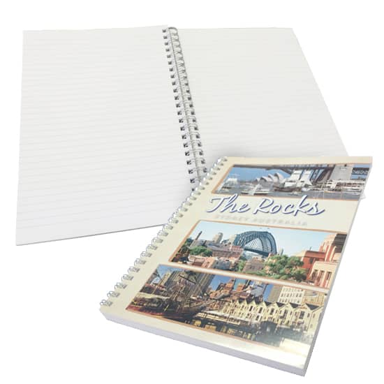 A soft cover wiro bound book with a multicoloured cover featuring urban images and blank lined pages. Soft Cover Wiro Bound Book 50 Leaf 4 Col Cover 4 Col Pad - Image 1