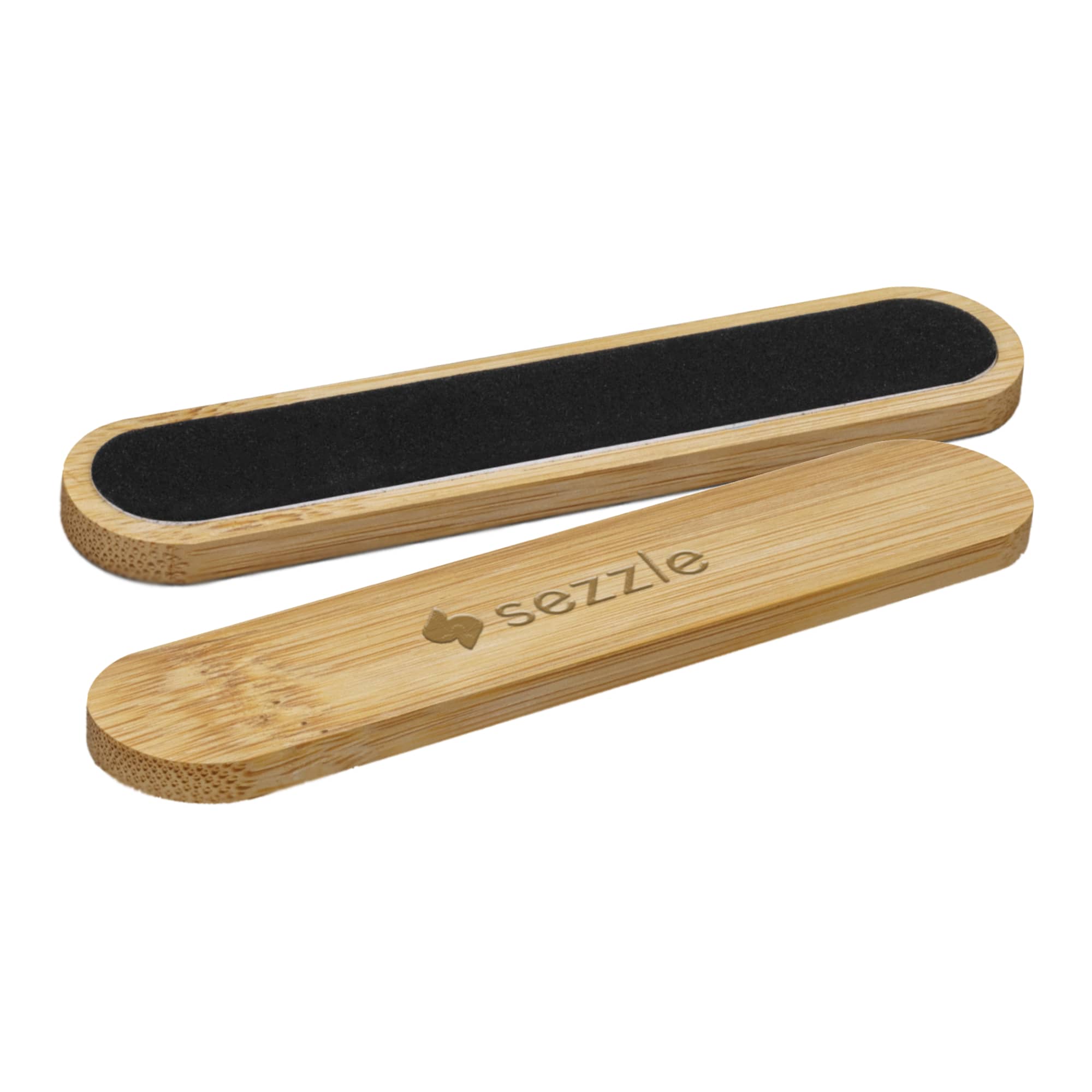 A bamboo nail file featuring a textured black sanding surface and an engraved logo, showcasing a natural wood finish. Bamboo Nail File - Image 1