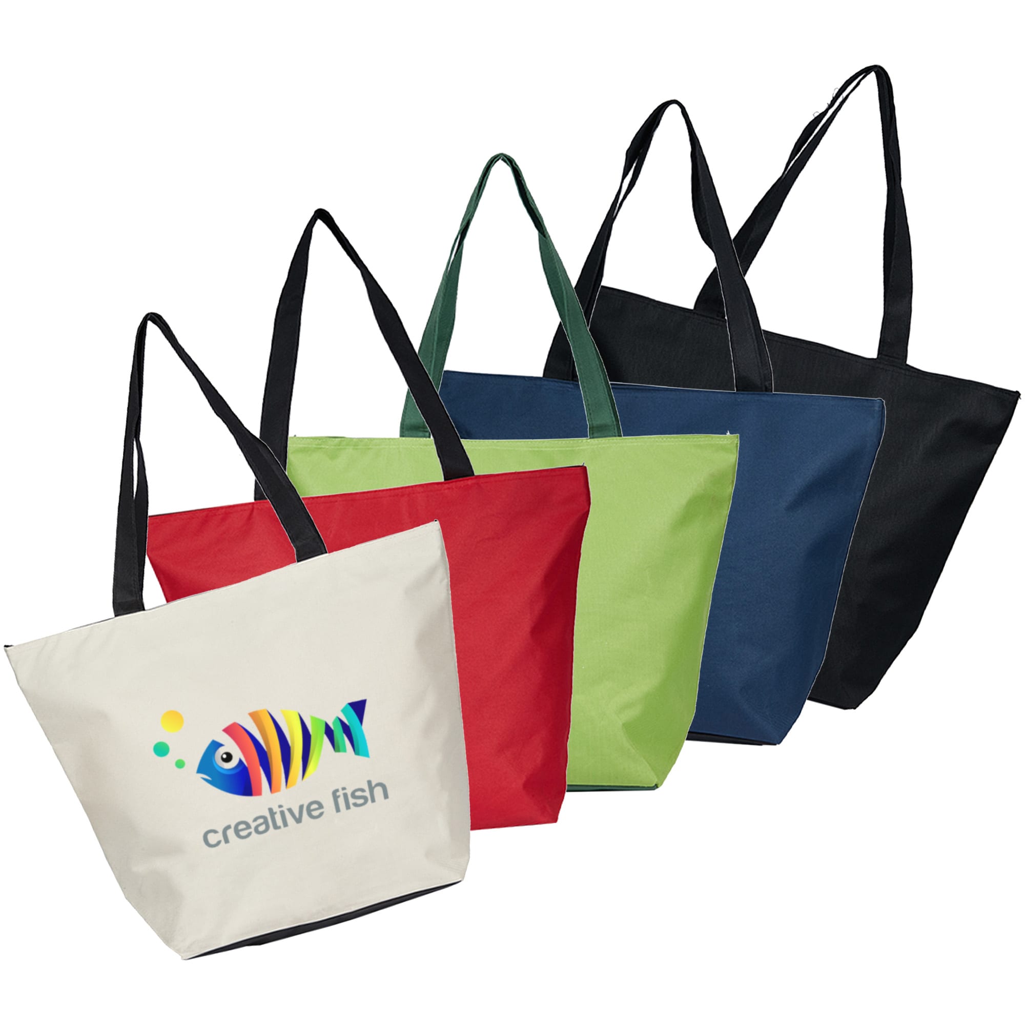 A set of five tote bags in cream, red, green, navy, and black, featuring a logo on one bag. Africa Shopper - Image 1