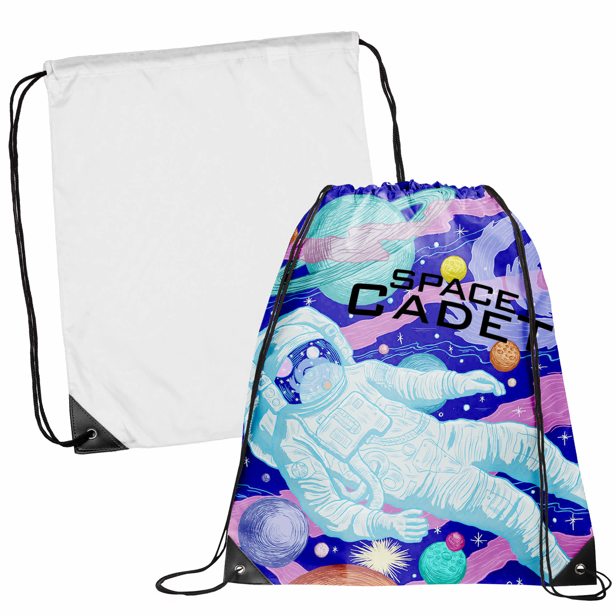 A vibrant drawstring bag featuring a space-themed design with an astronaut and planets, primarily in blue and white. Ackton Nylon Backsack - Image 1