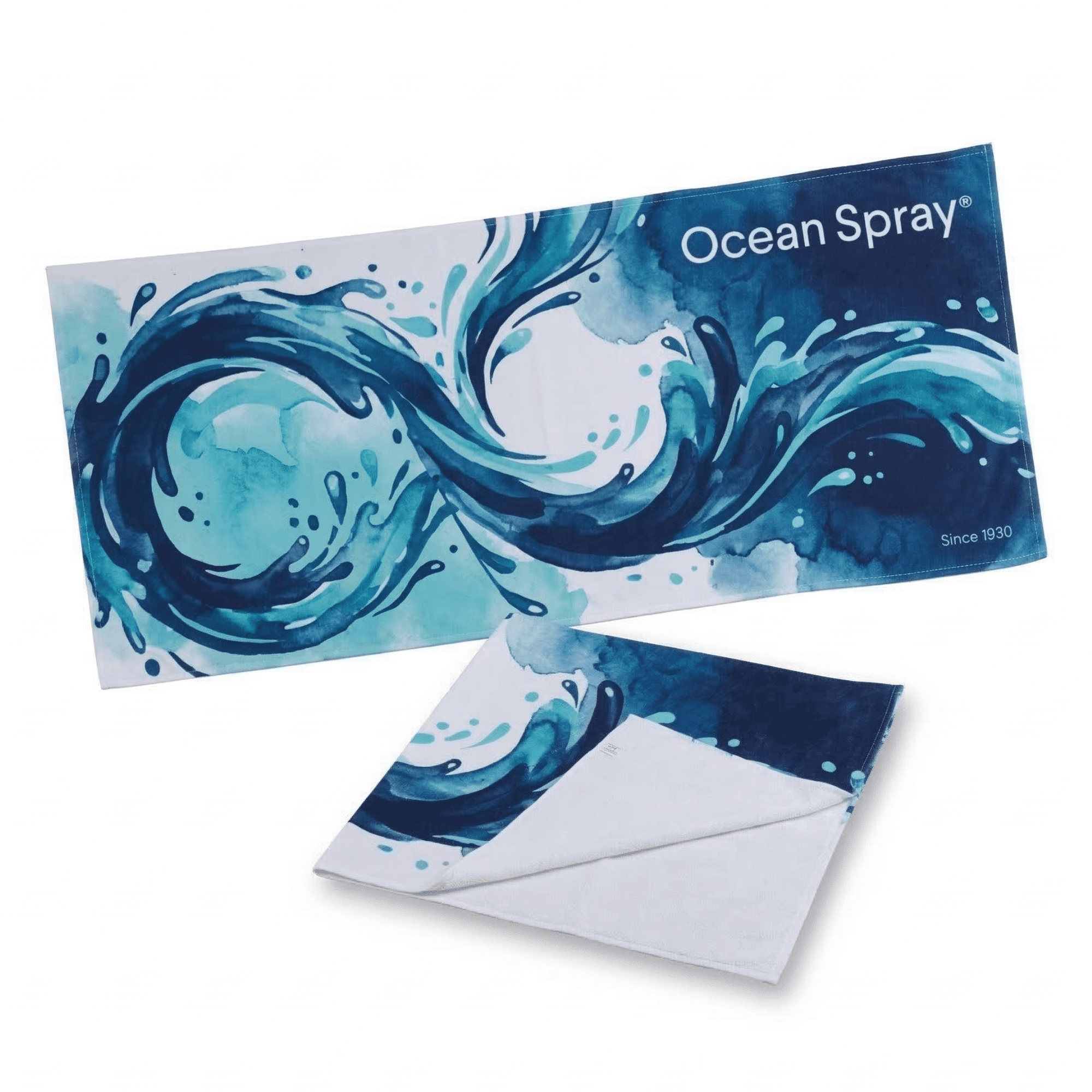 A beach towel featuring an abstract blue water design, measuring 180 x 90 cm, with a logo present. A beach towel featuring an abstract blue water design, measuring 180 x 90 cm, with a logo present.