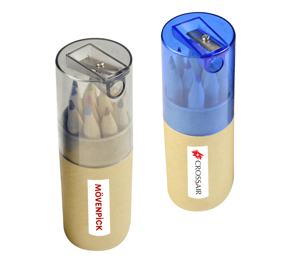A pencil set in a two-tone container, featuring coloured pencils and sharpeners, with logos on the sides. 2 in 1 Pencil Set - Image 1