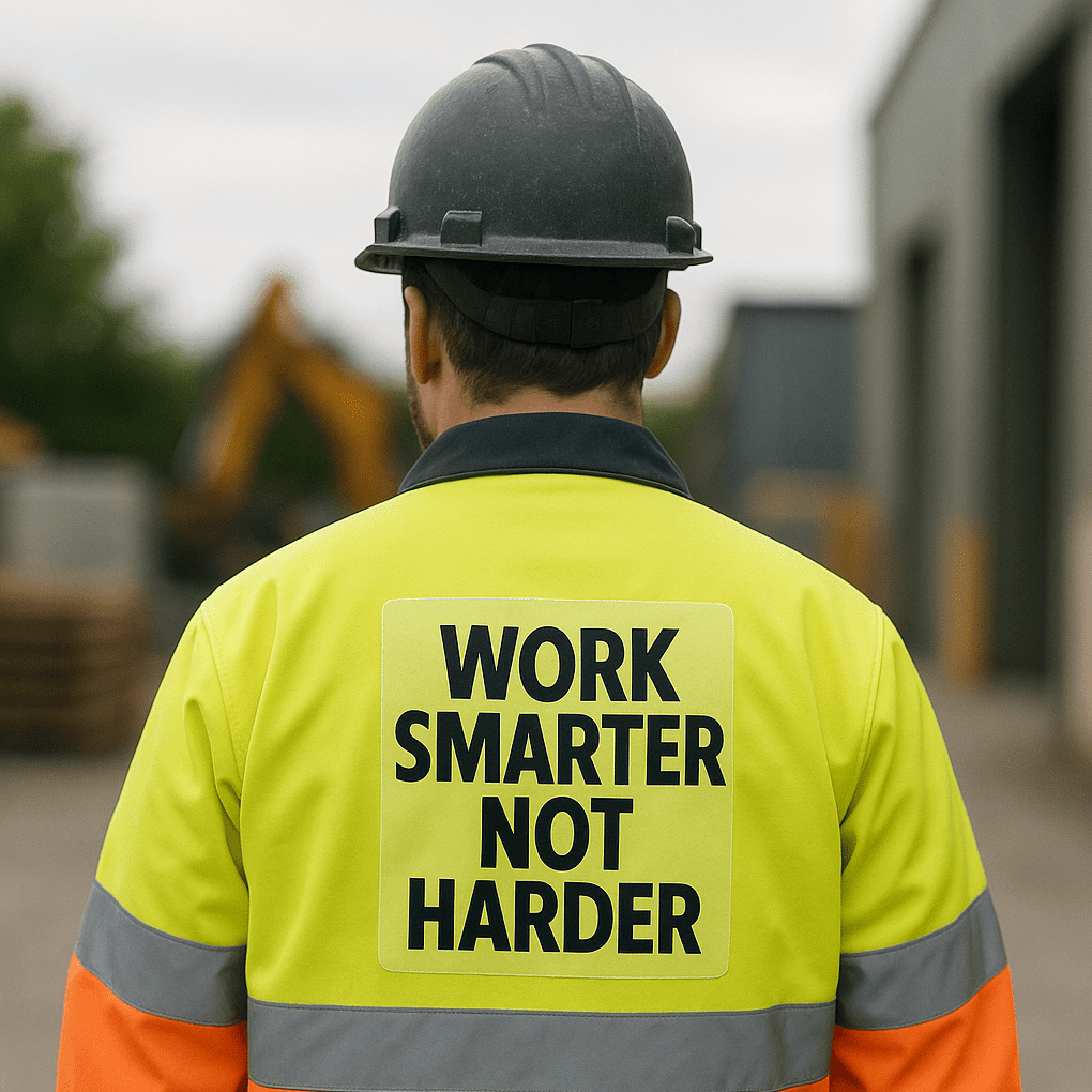 A worker in a high-visibility yellow jacket and hard hat, facing away, on a construction site. Digital Iron on Transfer - Image 1
