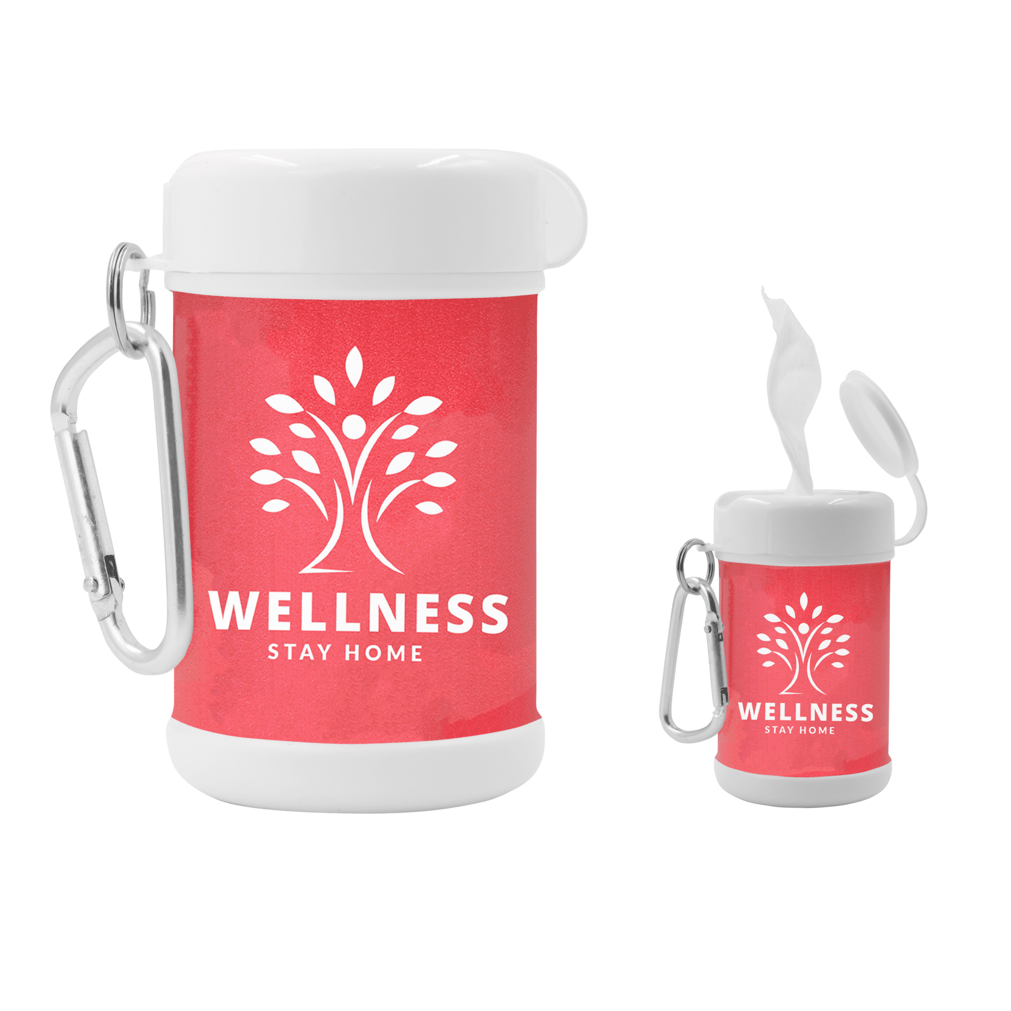 A pink antibacterial wipes canister with a white lid and a carabiner. It features a logo. Antibacterial Wipes Canister - Image 1