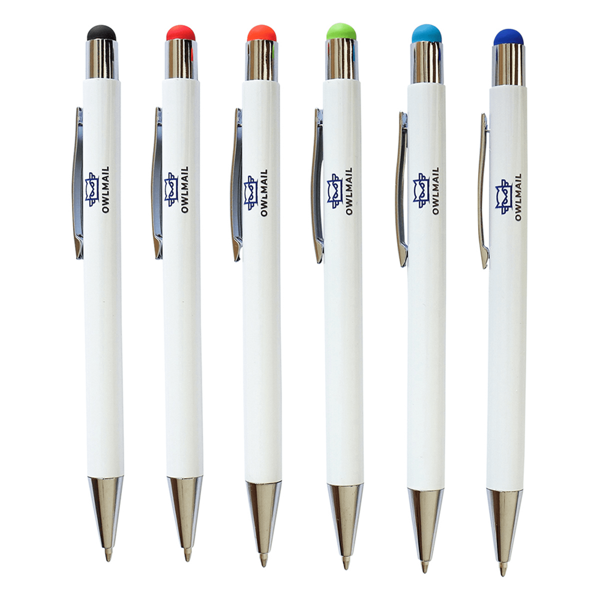 A collection of six stylus pens in white with different coloured tips: black, red, green, and blue. Each pen has a logo. Vitra Pen - Image 1