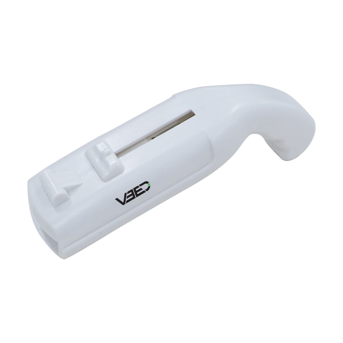 A white bottle opener shaped like a gun with a logo displayed on it. Cap Gun - Image 1
