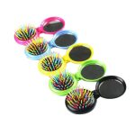 A set of portable travel folding hair brushes with mirrors, featuring vibrant colours like pink, blue, yellow, green, and black.