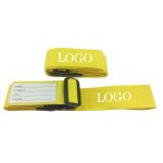 Yellow luggage straps with adjustable buckles and a space for personal information. The product includes branding.