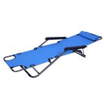 A blue lounge chair with a black frame and armrests, featuring a reclining design for comfort.