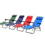 Four lounge chairs in green, navy blue, red, and royal blue, featuring adjustable positions and headrests.