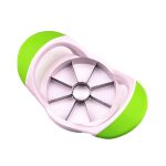 An apple cutter featuring a white and green design, with a metal slicing core and six wedges.
