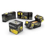 A set of foldable magic cubes in black and yellow, featuring a logo and images of a loader vehicle.
