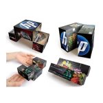 A foldable magic cube in various designs and colours, featuring images on each side, with a logo present on one.