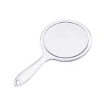 A clear double-sided mirror with a handle. The mirror has a smooth, reflective surface.