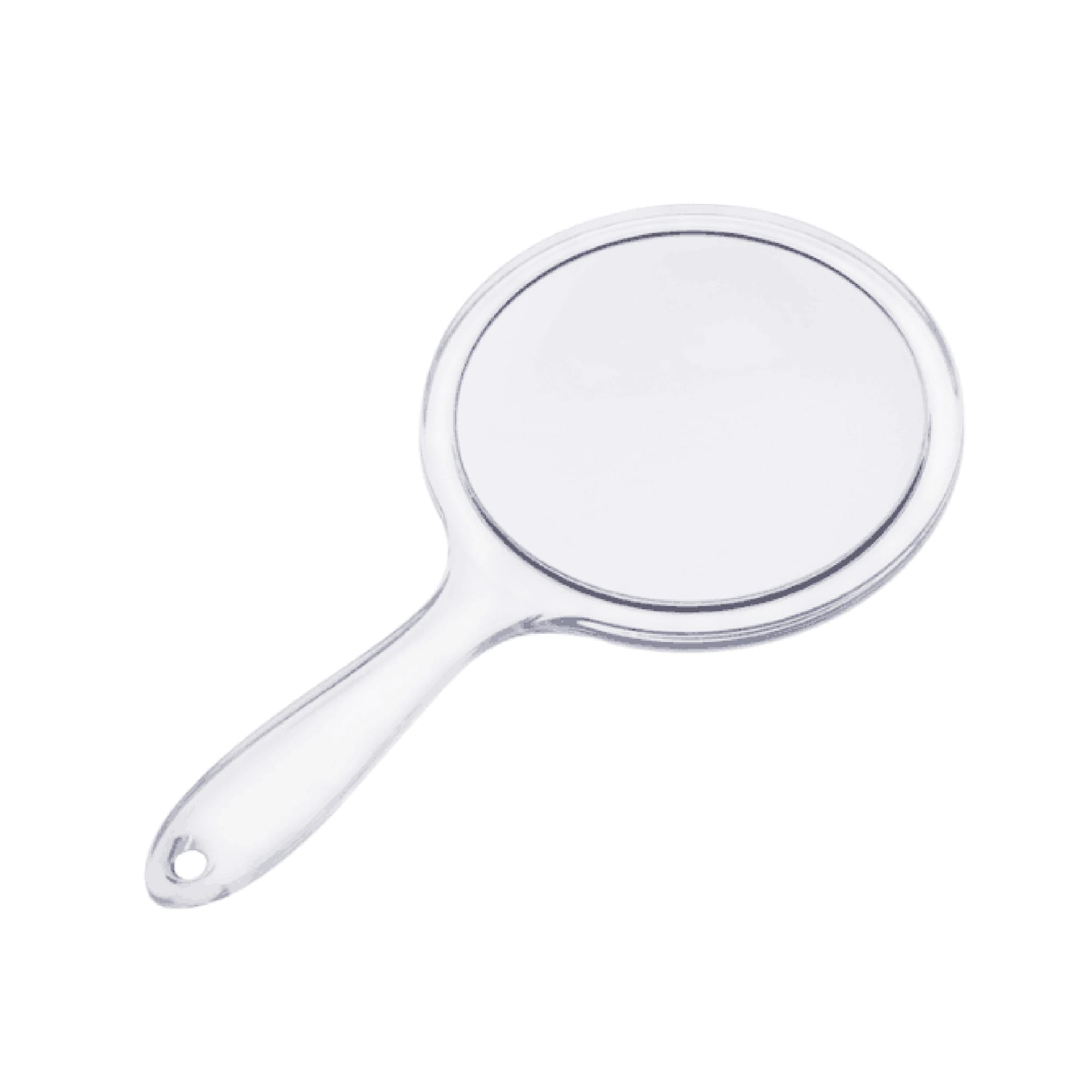 A clear double-sided mirror with a handle. The mirror has a smooth, reflective surface. A clear double-sided mirror with a handle. The mirror has a smooth, reflective surface.