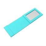 A turquoise leather-coated makeup mirror with a foldable design and a single reflective surface.