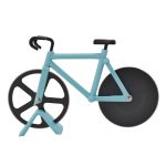 A bicycle-shaped pizza cutter in light blue and black, featuring a stand for easy storage.
