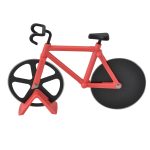 A red bicycle-shaped pizza cutter with black wheels and a stand. It includes a logo on the handle.