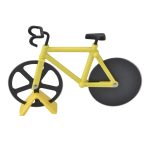 A yellow bicycle-shaped pizza cutter with black wheels and a stand, featuring a playful design.