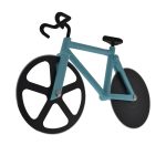 A blue bicycle-shaped pizza cutter with black wheels and a handle, featuring a branding logo.