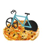 A bicycle-shaped pizza cutter in teal colour placed on a pizza topped with vegetables and chicken.