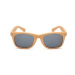 Wood-like sunglasses with grey lenses featuring a natural wood finish and a logo on the side.