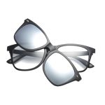 A pair of black Polaroid sunglasses with mirrored lenses, featuring a sleek design and logo detailing.