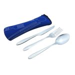 A portable cutlery set featuring a silver fork, knife, and spoon, housed in a blue neoprene case with utensil designs.