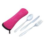 A portable cutlery set in silver, featuring a spoon, fork, and knife, packaged in a pink neoprene case.